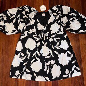 Size XL ~ KATE SPADE x TARGET Black/Cream Rose Poplin Long Sleeve MINI DRESS NWT
